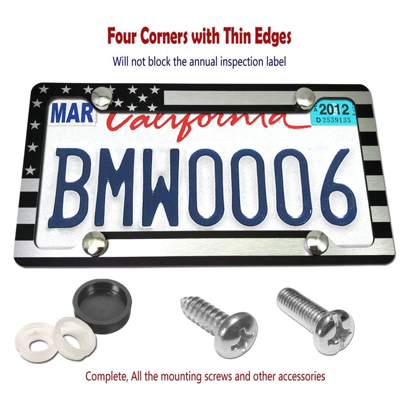 AOOTF American Flag License Plate Frame - USA Aluminum Metal License Plate Cover Auto Car Truck Tag Holder Thin Blue Line Black and White Stripes with Screws,Anti-Rattle Foam Pad - Image 2